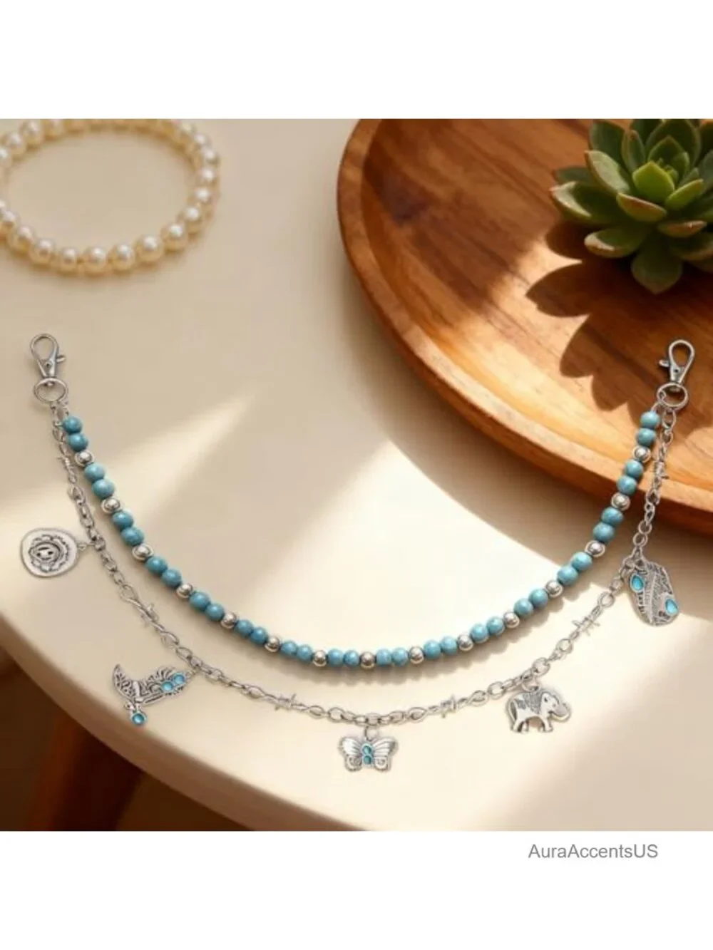 Layered Bead Jeans Chain with Silver Charms Y2K Punk Waist Chain Keychain